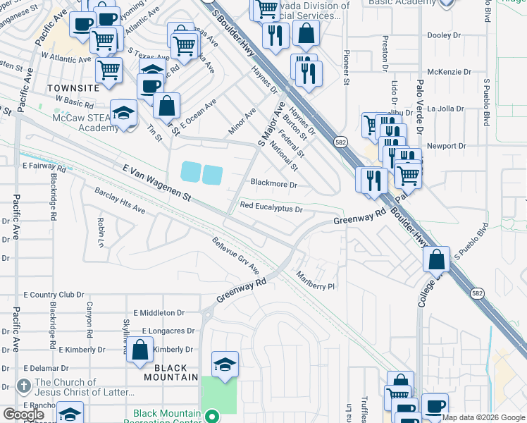 map of restaurants, bars, coffee shops, grocery stores, and more near 287 Red Eucalyptus Drive in Henderson