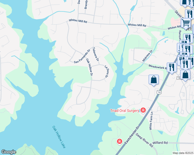 map of restaurants, bars, coffee shops, grocery stores, and more near 2005 La Dora Drive in High Point