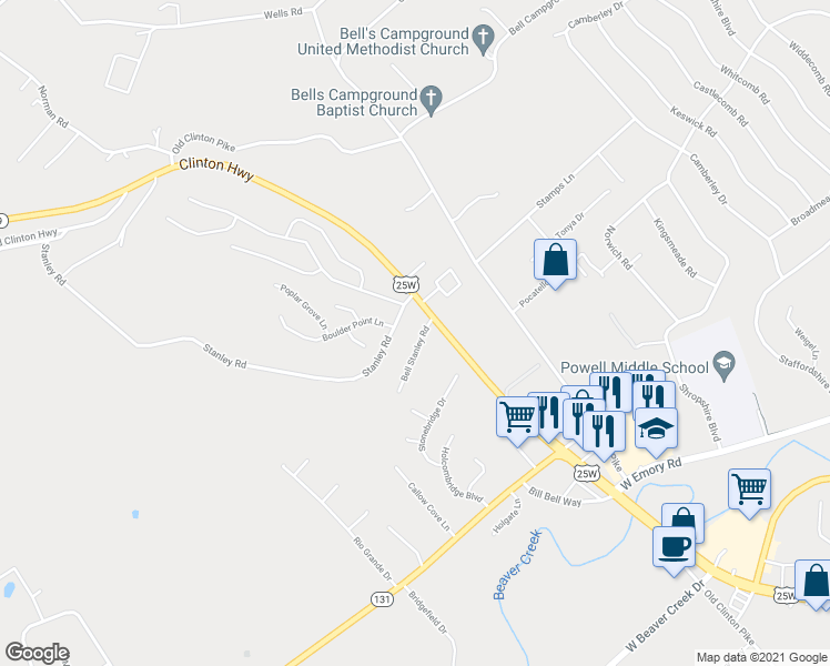 map of restaurants, bars, coffee shops, grocery stores, and more near 7737 Bell Stanley Road in Powell