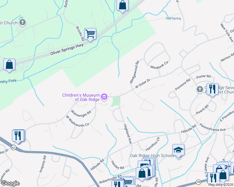 map of restaurants, bars, coffee shops, grocery stores, and more near 440 West Outer Drive in Oak Ridge