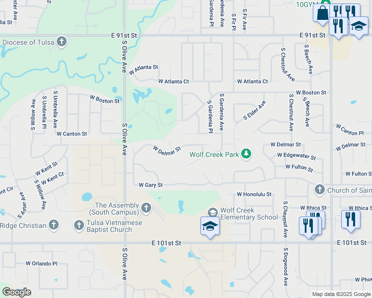 map of restaurants, bars, coffee shops, grocery stores, and more near 3101 West Delmar Street in Broken Arrow