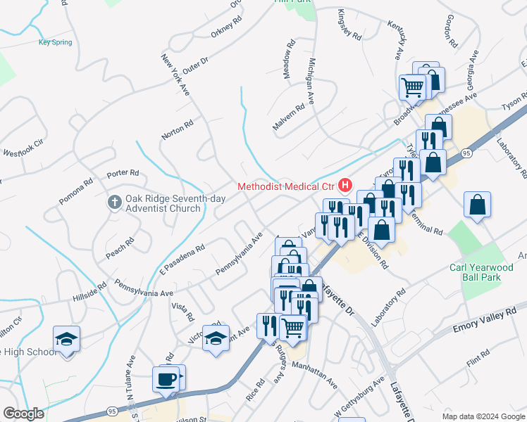 map of restaurants, bars, coffee shops, grocery stores, and more near 109 Nesper Road in Oak Ridge