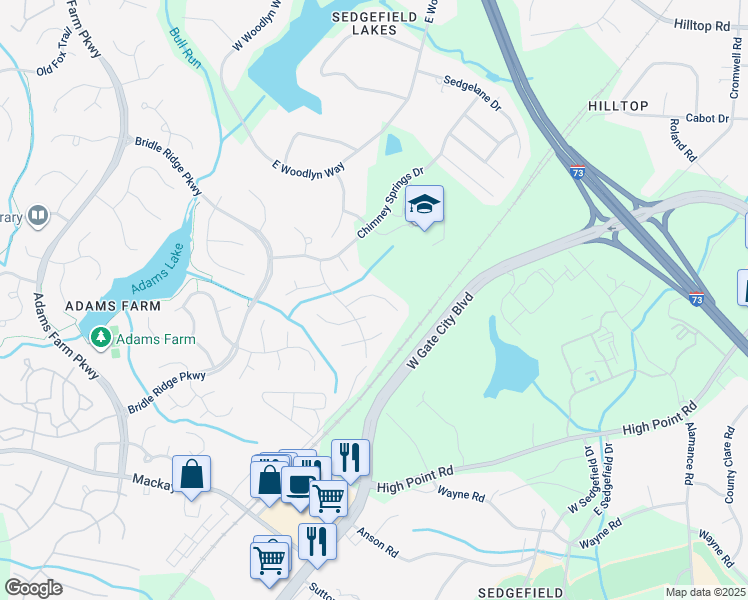 map of restaurants, bars, coffee shops, grocery stores, and more near 4902 Heritage Woods Drive in Greensboro