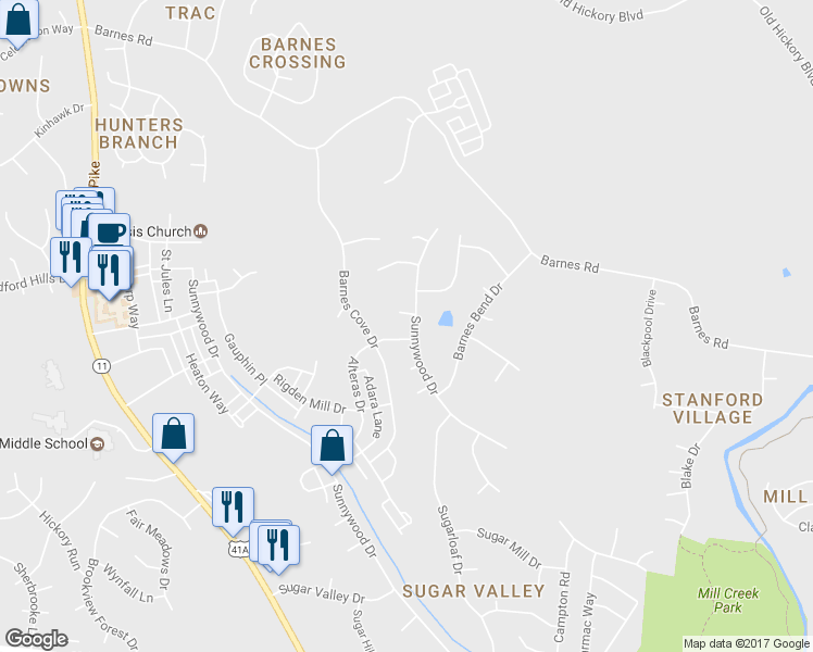 map of restaurants, bars, coffee shops, grocery stores, and more near 6364 Sunnywood Drive in Nashville