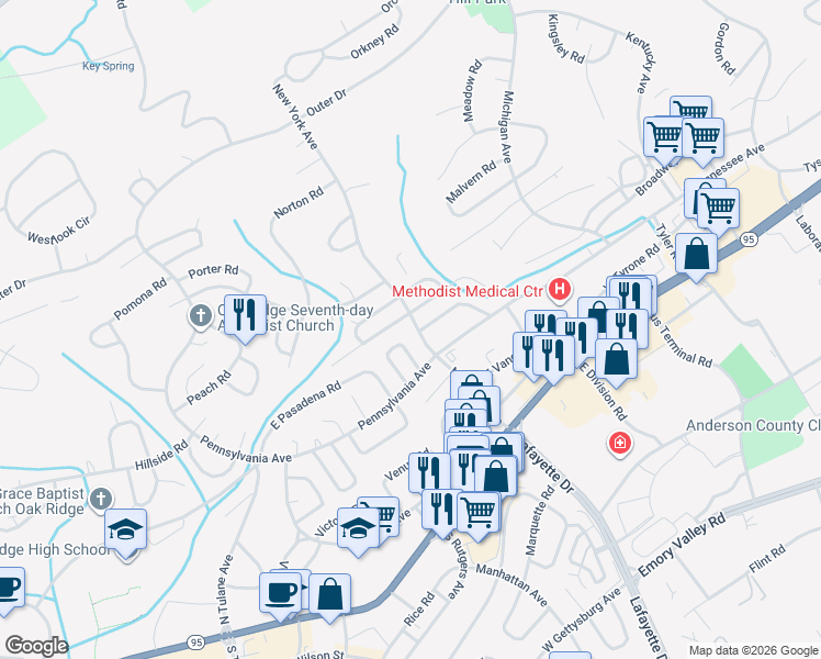 map of restaurants, bars, coffee shops, grocery stores, and more near 105 New York Ave in Oak Ridge