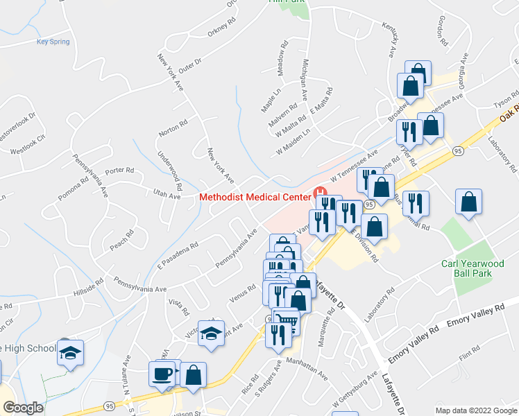 map of restaurants, bars, coffee shops, grocery stores, and more near 113 Nesper Road in Oak Ridge