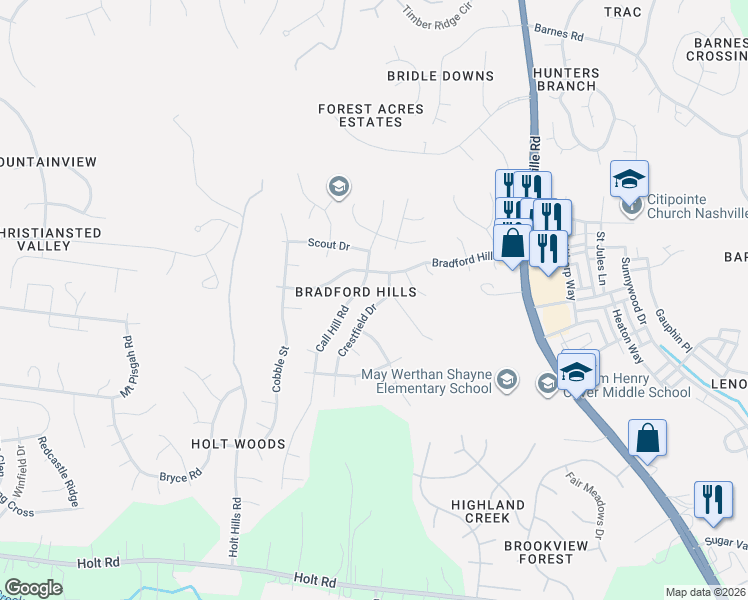 map of restaurants, bars, coffee shops, grocery stores, and more near 1112 Crestfield Drive in Nashville