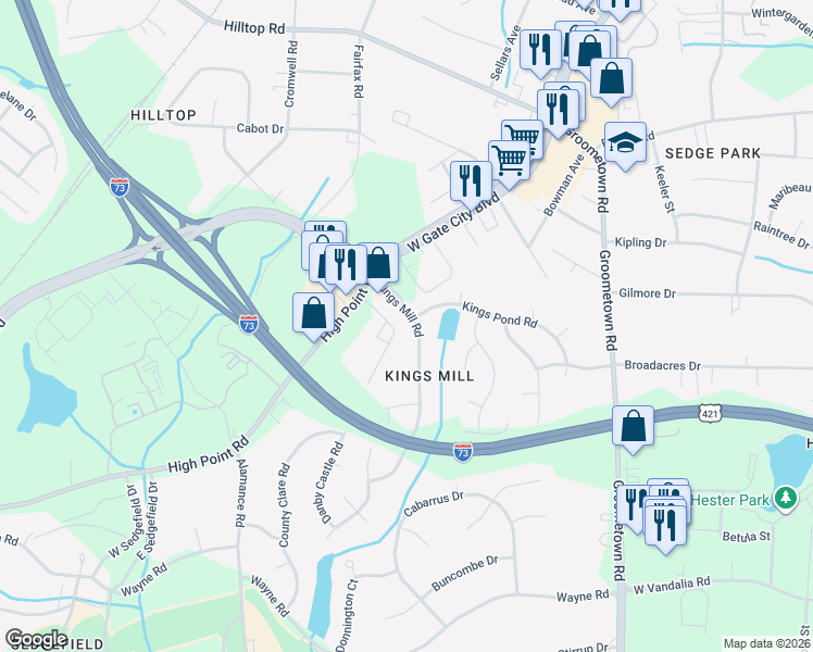 map of restaurants, bars, coffee shops, grocery stores, and more near 2601 Kings Mill Road in Greensboro