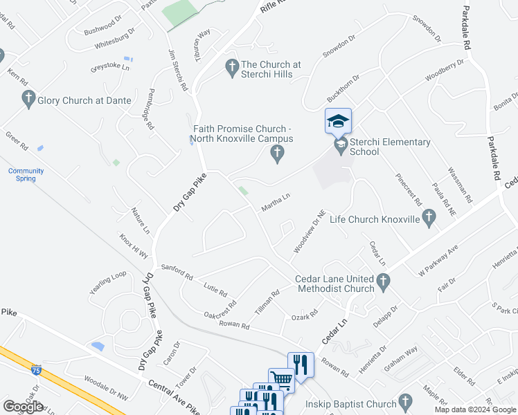 map of restaurants, bars, coffee shops, grocery stores, and more near 703 Martha Lane in Knoxville