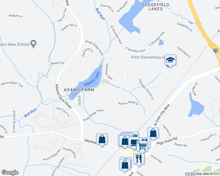 map of restaurants, bars, coffee shops, grocery stores, and more near 5102 Birnamwood Trail in Greensboro