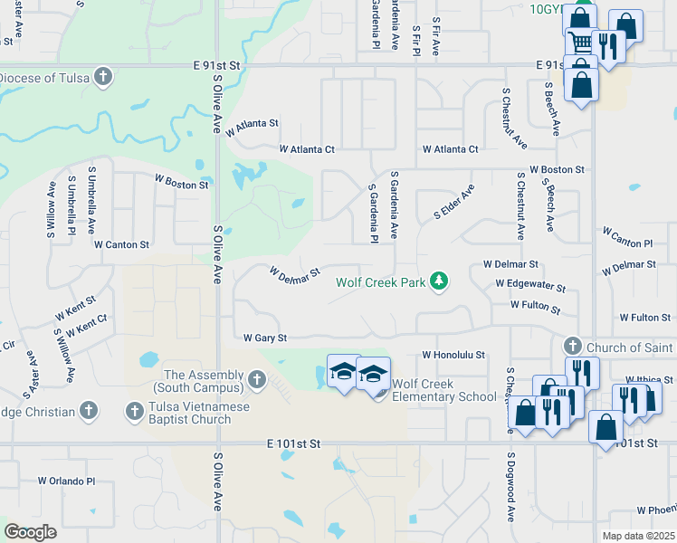 map of restaurants, bars, coffee shops, grocery stores, and more near 3101 West Delmar Street in Broken Arrow