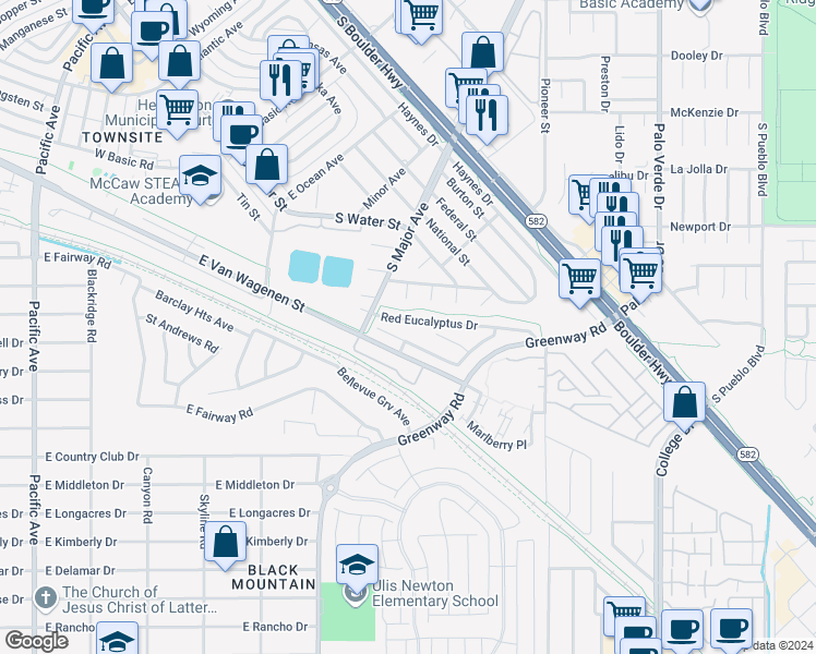 map of restaurants, bars, coffee shops, grocery stores, and more near 275 Red Eucalyptus Drive in Henderson