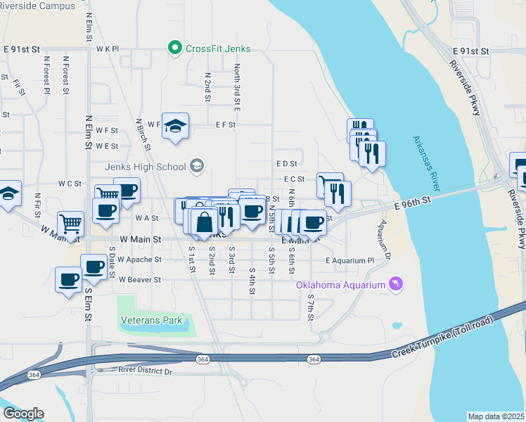 map of restaurants, bars, coffee shops, grocery stores, and more near 409 East A Street in Jenks