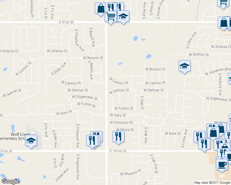 map of restaurants, bars, coffee shops, grocery stores, and more near 2005 West Delmar Street in Broken Arrow