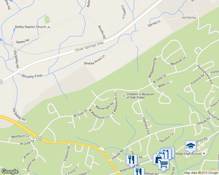 map of restaurants, bars, coffee shops, grocery stores, and more near 490 West Outer Drive in Oak Ridge