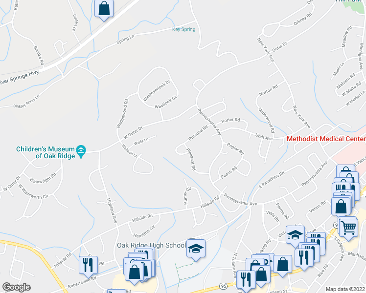 map of restaurants, bars, coffee shops, grocery stores, and more near 101 Plymouth Circle in Oak Ridge