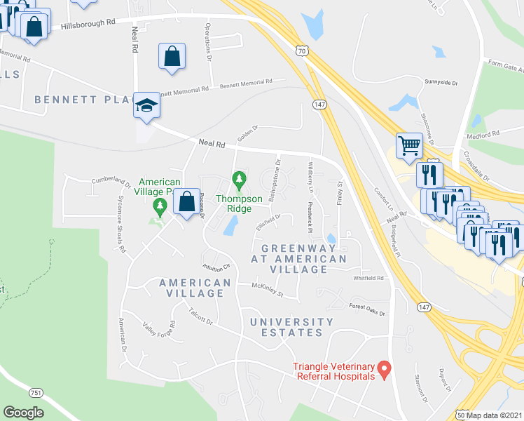 map of restaurants, bars, coffee shops, grocery stores, and more near 4103 Liddington Drive in Durham