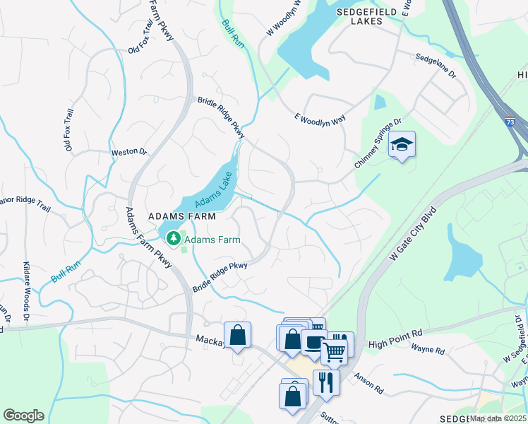 map of restaurants, bars, coffee shops, grocery stores, and more near 3 Cranebridge Place in Greensboro