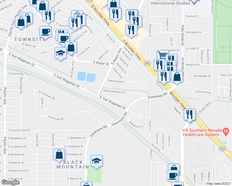 map of restaurants, bars, coffee shops, grocery stores, and more near 313 Red Eucalyptus Drive in Henderson