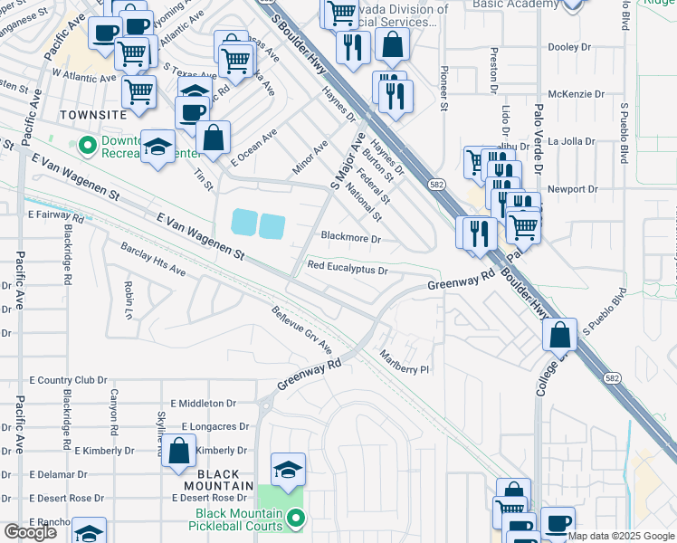 map of restaurants, bars, coffee shops, grocery stores, and more near 313 Red Eucalyptus Drive in Henderson