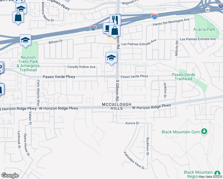map of restaurants, bars, coffee shops, grocery stores, and more near 201 South Gibson Road in Henderson
