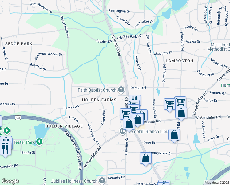 map of restaurants, bars, coffee shops, grocery stores, and more near 3117 Darden Road in Greensboro