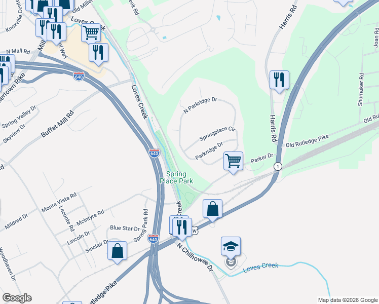 map of restaurants, bars, coffee shops, grocery stores, and more near 5321 Parkridge Drive in Knoxville