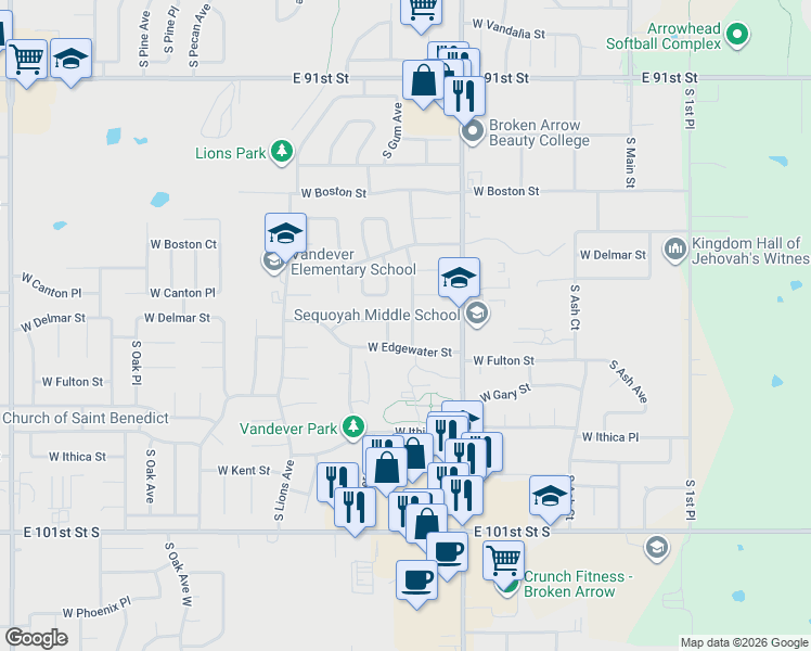 map of restaurants, bars, coffee shops, grocery stores, and more near 2521 South Hickory Avenue in Broken Arrow