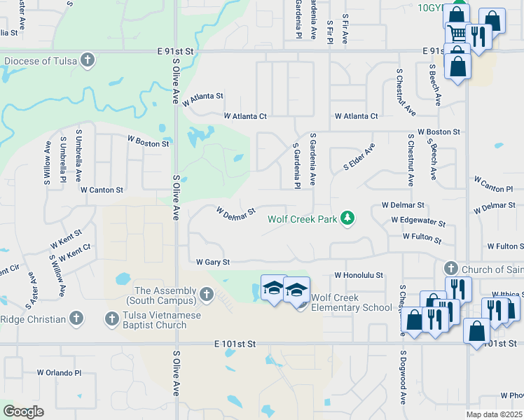 map of restaurants, bars, coffee shops, grocery stores, and more near 3101 West Delmar Street in Broken Arrow