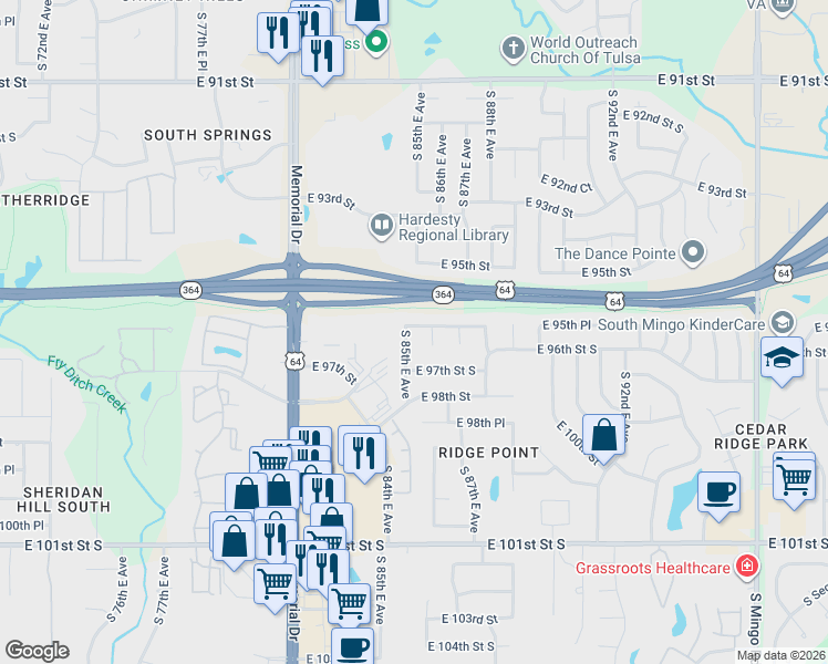 map of restaurants, bars, coffee shops, grocery stores, and more near 9518 South 86th East Avenue in Tulsa