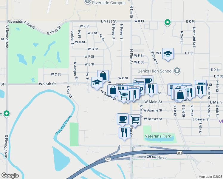map of restaurants, bars, coffee shops, grocery stores, and more near 742 Plaza Drive in Jenks
