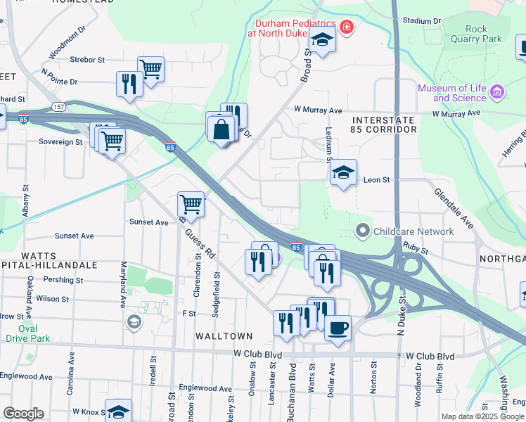 map of restaurants, bars, coffee shops, grocery stores, and more near 1317 East Hudson Avenue in Durham
