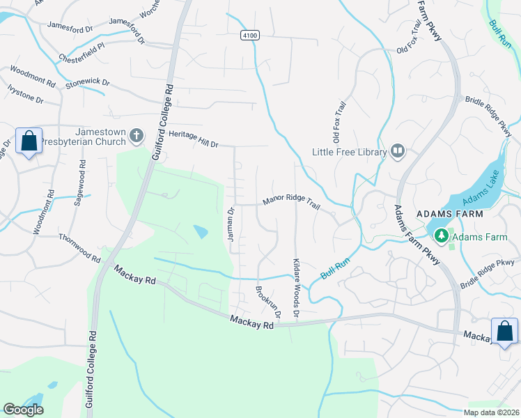 map of restaurants, bars, coffee shops, grocery stores, and more near 5911 Manor Ridge Trail in Jamestown