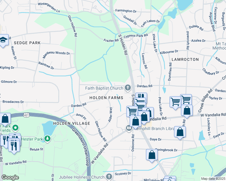 map of restaurants, bars, coffee shops, grocery stores, and more near 3201 Darden Road in Greensboro