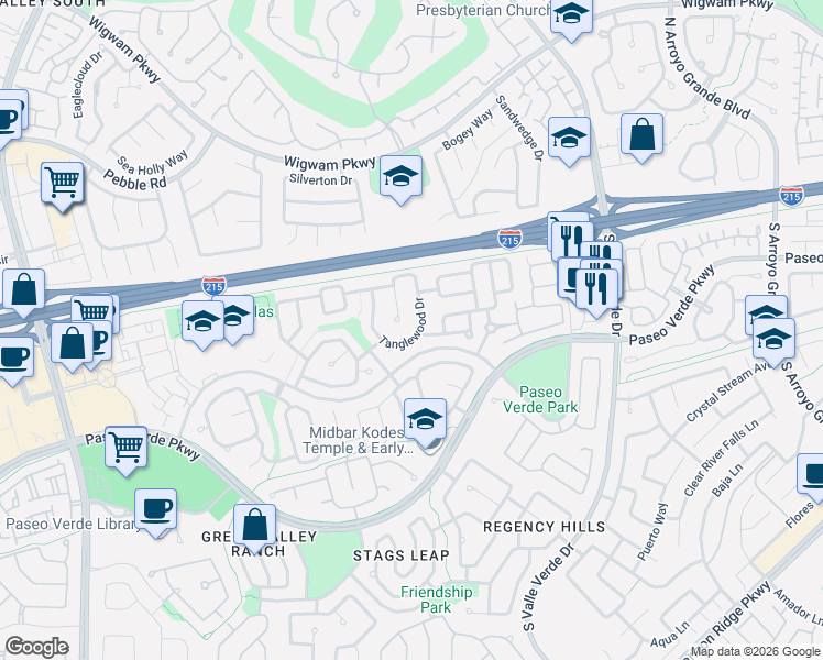 map of restaurants, bars, coffee shops, grocery stores, and more near 104 Tanglewood Drive in Henderson