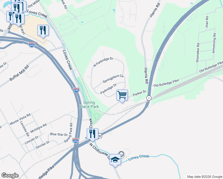 map of restaurants, bars, coffee shops, grocery stores, and more near 5408 Parkridge Drive in Knoxville