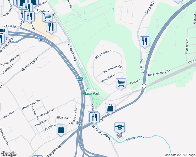 map of restaurants, bars, coffee shops, grocery stores, and more near 5321 Parkridge Drive in Knoxville