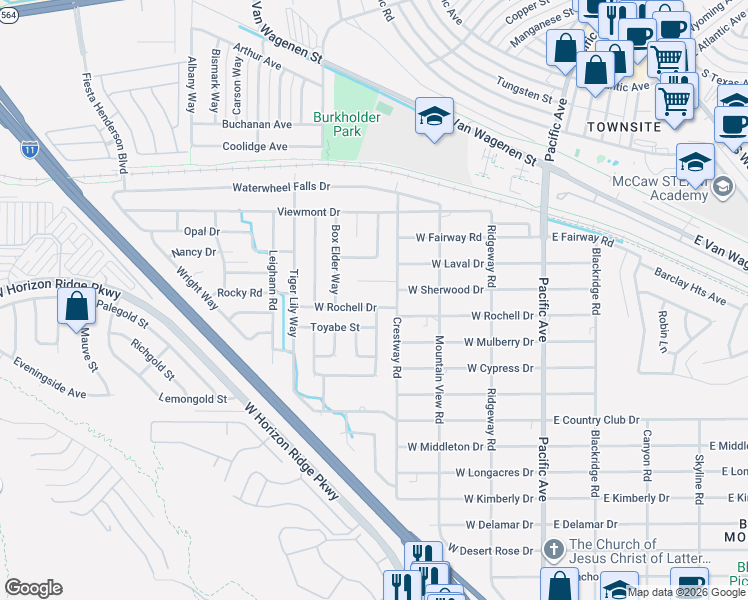 map of restaurants, bars, coffee shops, grocery stores, and more near 446 Crestway Road in Henderson