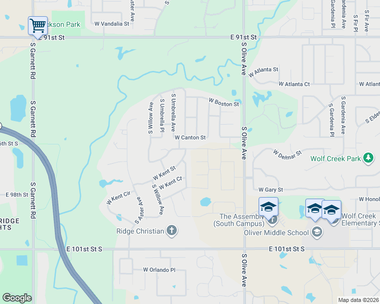 map of restaurants, bars, coffee shops, grocery stores, and more near 4001 West Kent Street in Broken Arrow