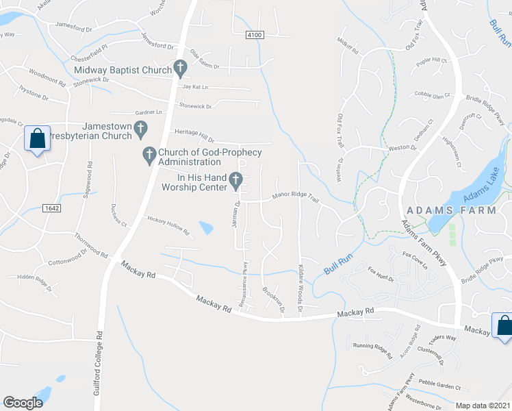 map of restaurants, bars, coffee shops, grocery stores, and more near 3000 Butterwood Drive in Jamestown