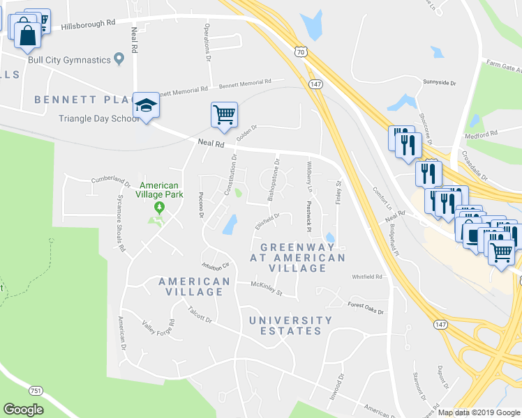map of restaurants, bars, coffee shops, grocery stores, and more near 4103 Liddington Drive in Durham