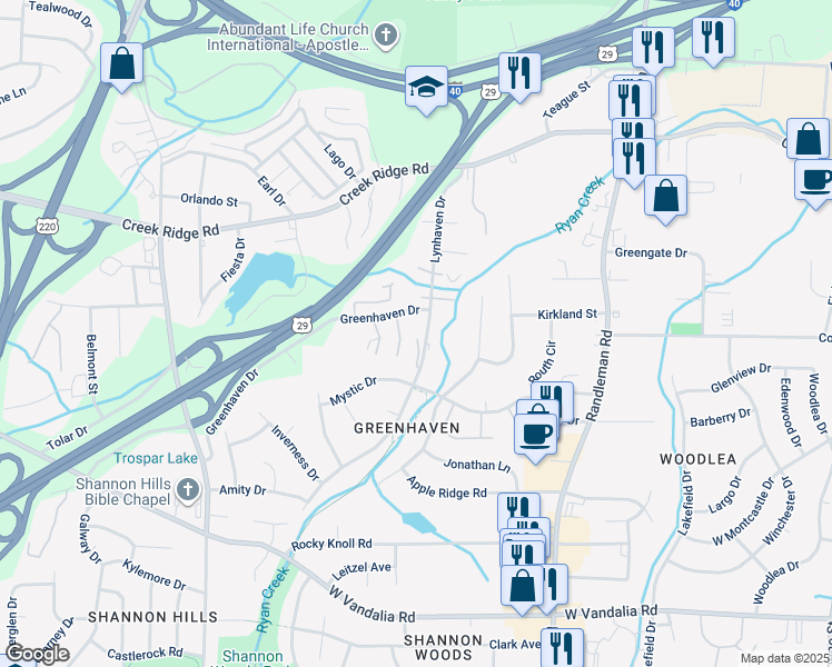 map of restaurants, bars, coffee shops, grocery stores, and more near 3604 Lynhaven Drive in Greensboro