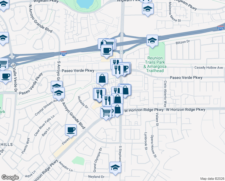 map of restaurants, bars, coffee shops, grocery stores, and more near 1422 Summer Glow Avenue in Henderson