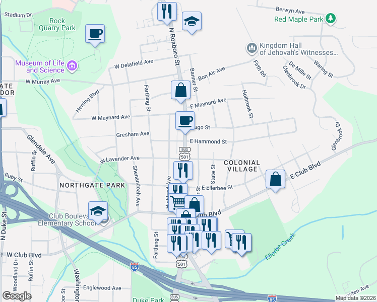 map of restaurants, bars, coffee shops, grocery stores, and more near 2608 North Roxboro Street in Durham