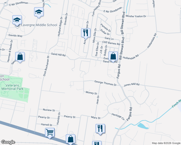 map of restaurants, bars, coffee shops, grocery stores, and more near 1705 George Thomas Drive in La Vergne