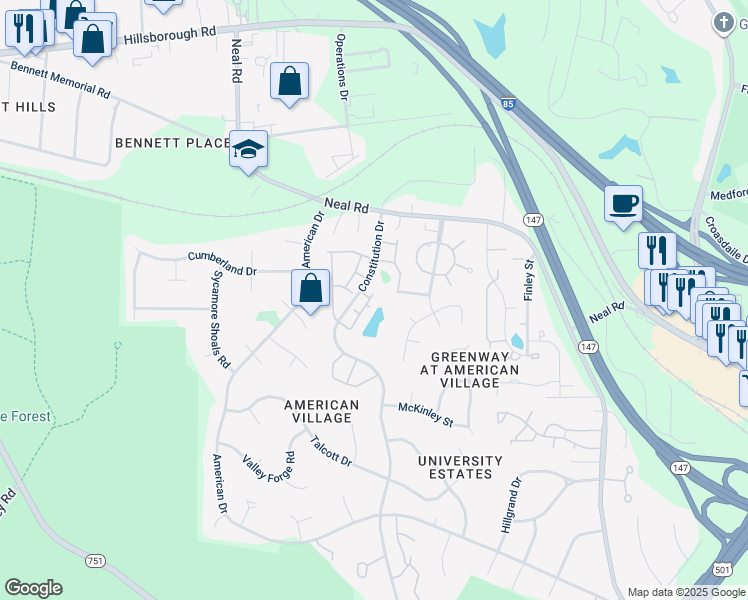 map of restaurants, bars, coffee shops, grocery stores, and more near 66 Argonaut Drive in Durham