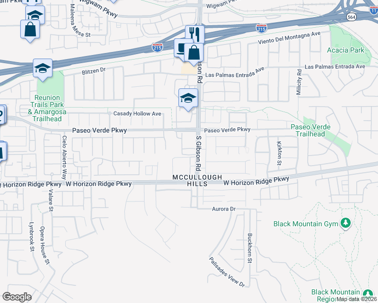 map of restaurants, bars, coffee shops, grocery stores, and more near 201 South Gibson Road in Henderson