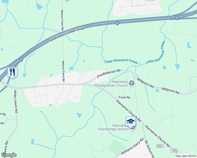 map of restaurants, bars, coffee shops, grocery stores, and more near 3912 Presbyterian Road in Greensboro