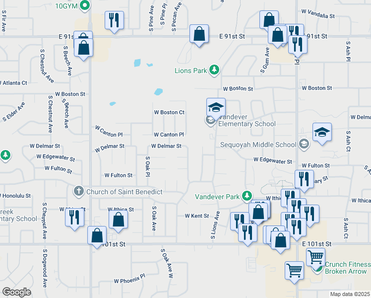 map of restaurants, bars, coffee shops, grocery stores, and more near 1501 West Delmar Street in Broken Arrow