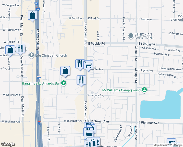 map of restaurants, bars, coffee shops, grocery stores, and more near 31 East Agate Avenue in Las Vegas
